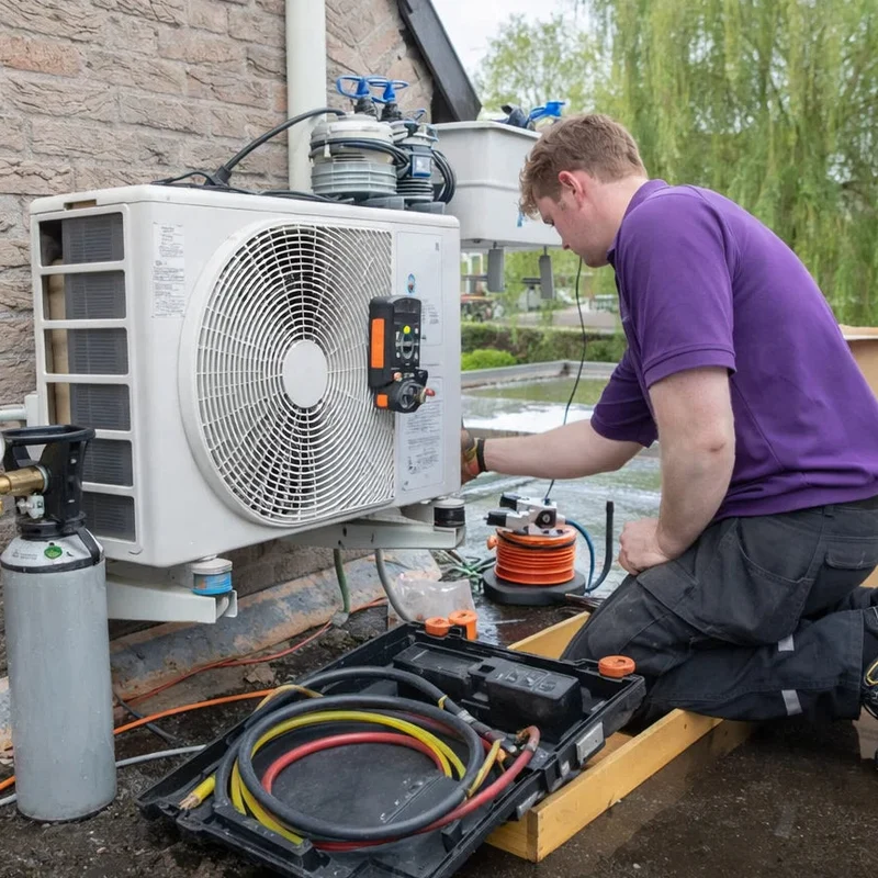 Installateur sluit de buitenunit van een warmtepomp aan
