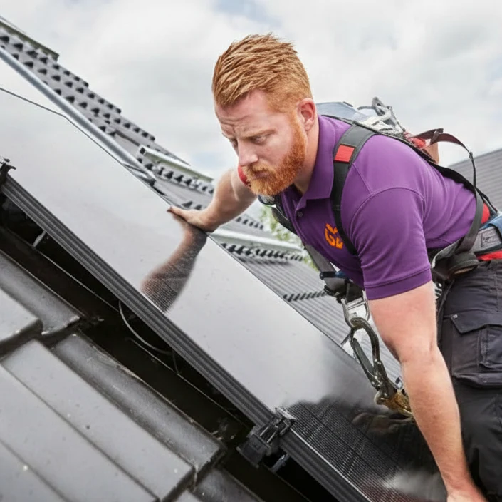 Monteur legt zonnepanelen op een hellend dak