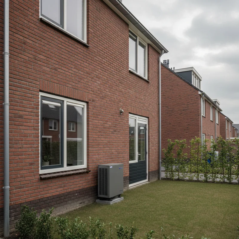 Buitenunit van een warmtepomp naast een bakstenen woning
