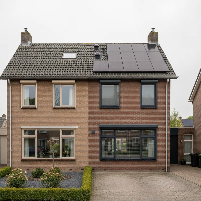 Woning waarvan de linkerhelft nog verouderd is en de rechterhelft is verduurzaamd met zonnepanelen en nieuwe kozijnen