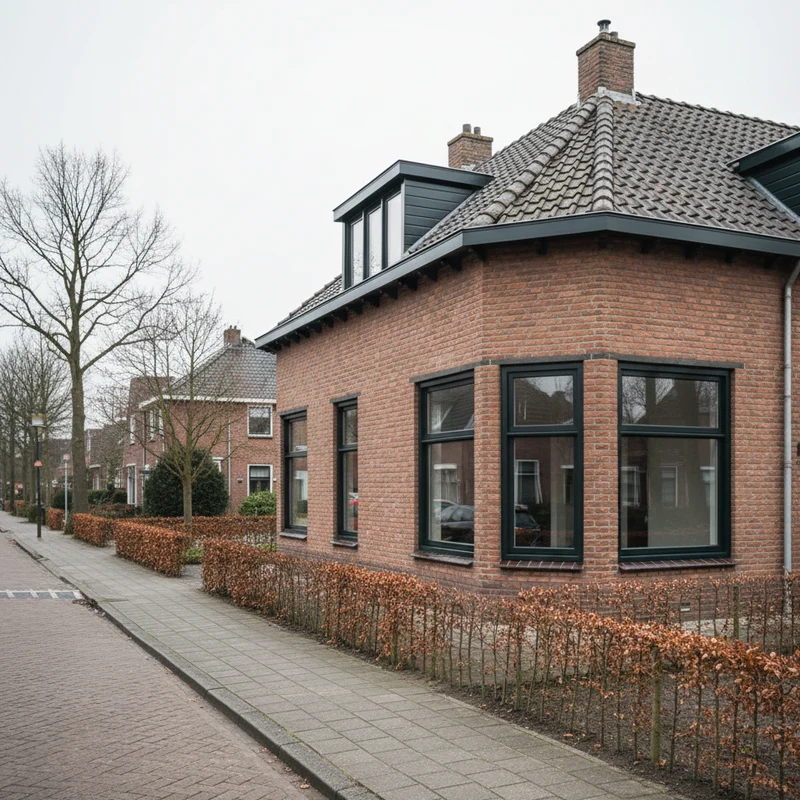 Bakstenen jaren-30 hoekwoning aan een Nederlandse straat