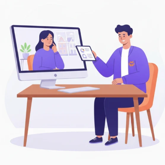 Illustratie van een adviseur tijdens een online adviesgesprek