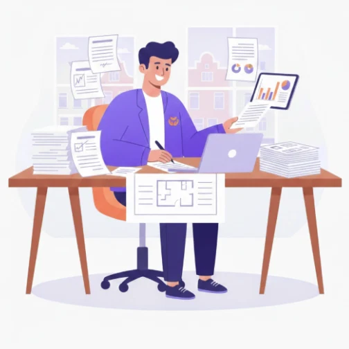 Illustratie van een adviseur die berekeningen en rapportages uitwerkt