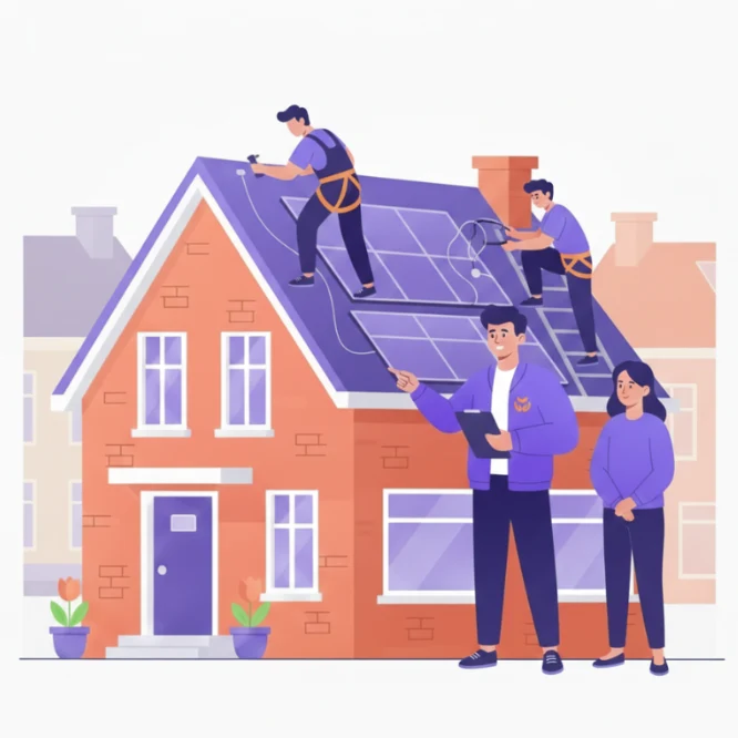 Illustratie van monteurs die zonnepanelen op een dak plaatsen